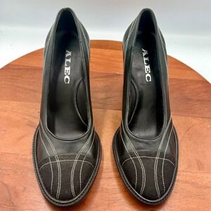 Alec Rhonda Retro Black Leather Pumps Block Heel Contrast Stitch Women 8B Grunge
